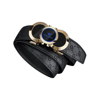 WilliamPOLO Gold Tone Lock Blue Logo Leather Belts Men's Width  3.5cm