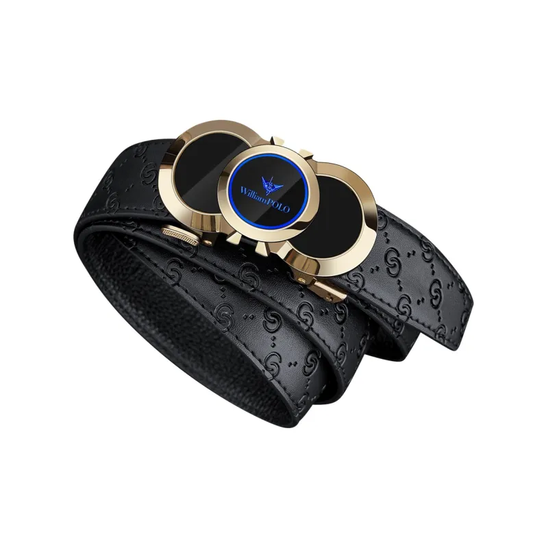 WilliamPOLO Gold Tone Lock Blue Logo Leather Belts Men's Width  3.5cm-0