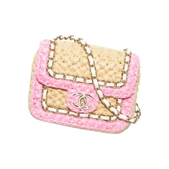 CHANEL Raffia Fiber Mixed Lambskin Flap Shoulder Crossbody Bag Mini Women's Pink/Beige