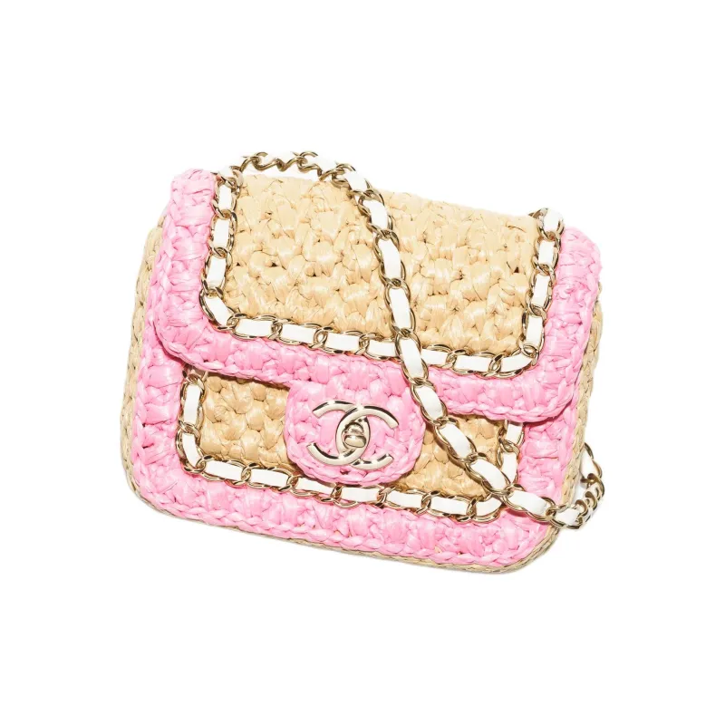 CHANEL Raffia Fiber With Lambskin Shoulder Bag, Crossbody Bag With Flap Mini Women's Pink & Beige-0