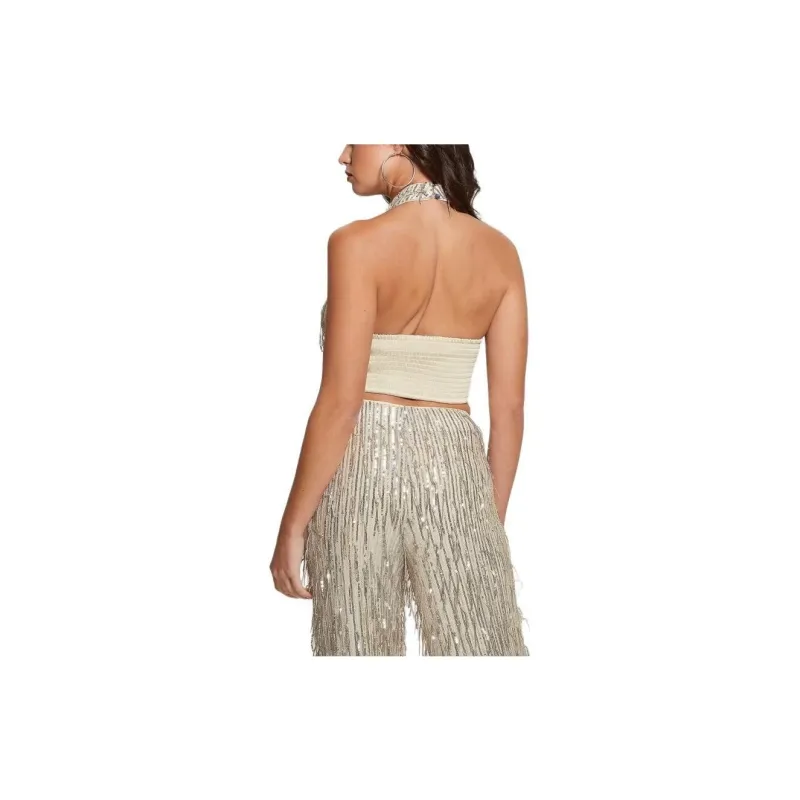 GUESS Mia Sequin Top Crop Tops Women's Gray White-1