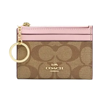 COACH Mini Id Skinny Leather Patchwork PVC Key Pouches Card Holders Mini Women's Pink & Brown Monogram