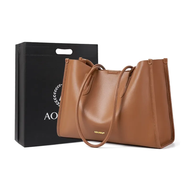 AOKANG Cow Leather Tote Bag, Schooling Bag, Commute Bag, Shoulder Bag Women's Gold Brown/Chestnut Brown/Classic Black-5