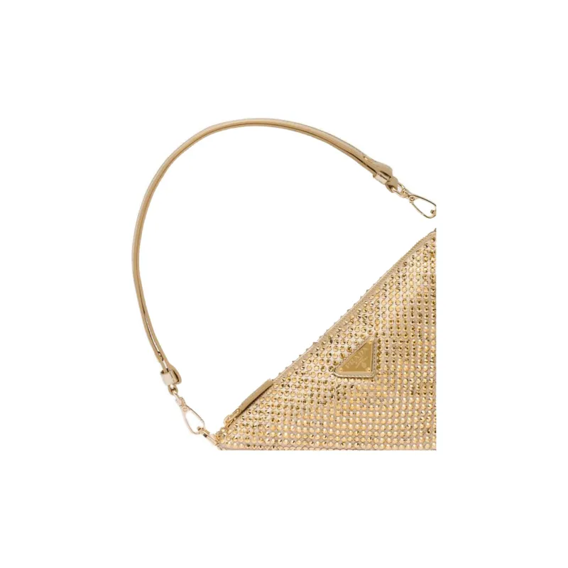 PRADA Triangle Faux Crystal Satin Fabric One Shoulder Handbags Mini Women's Gold-3