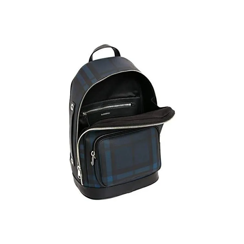 Burberry London Plaid With Leather Backpack Men's Marine Blue/Black-3