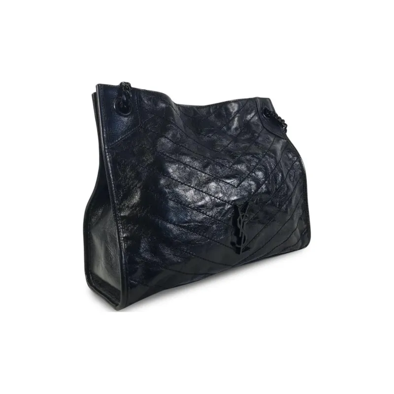 SAINT LAURENT Niki Waxed Leather Tote Bag Shopping Bag Handbag Shoulder Bag Medium Size Women's Black-2