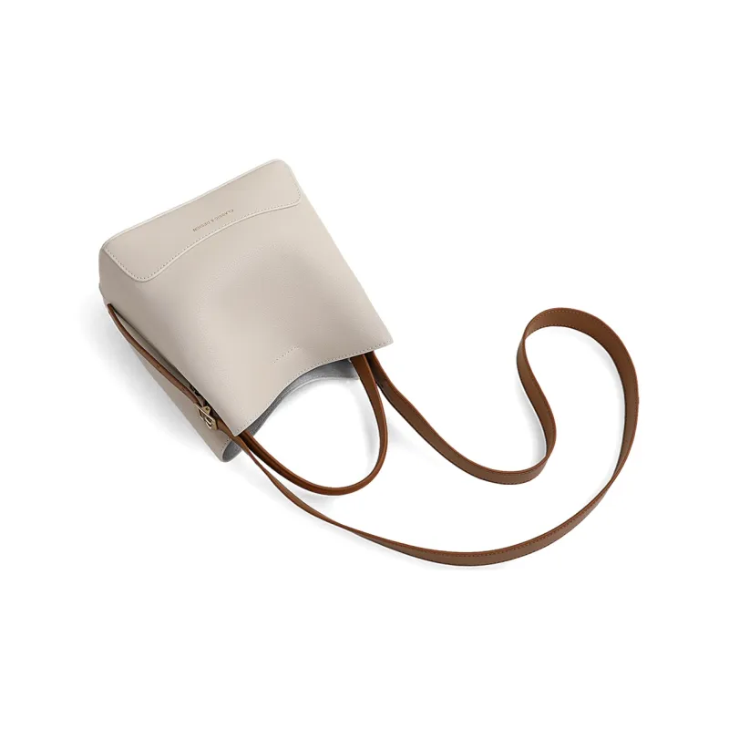 PT'SON Cow Leather With Synthetic Leather Bucket Bag, One Shoulder Handbag Regular Women's Ecru-2
