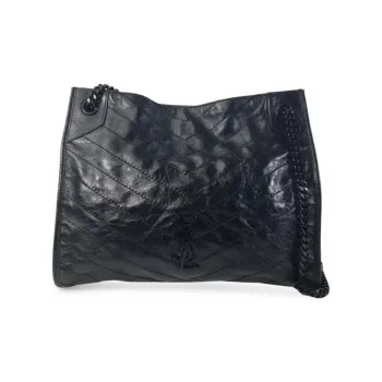 SAINT LAURENT Niki Waxed Leather Tote Bag Shopping Bag Handbag Shoulder Bag Medium Size Women's Black