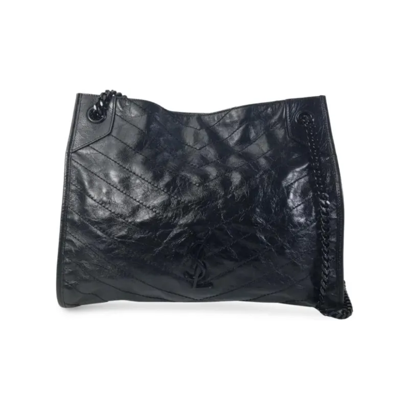 SAINT LAURENT Niki Waxed Leather Tote Bag Shopping Bag Handbag Shoulder Bag Medium Size Women's Black-0