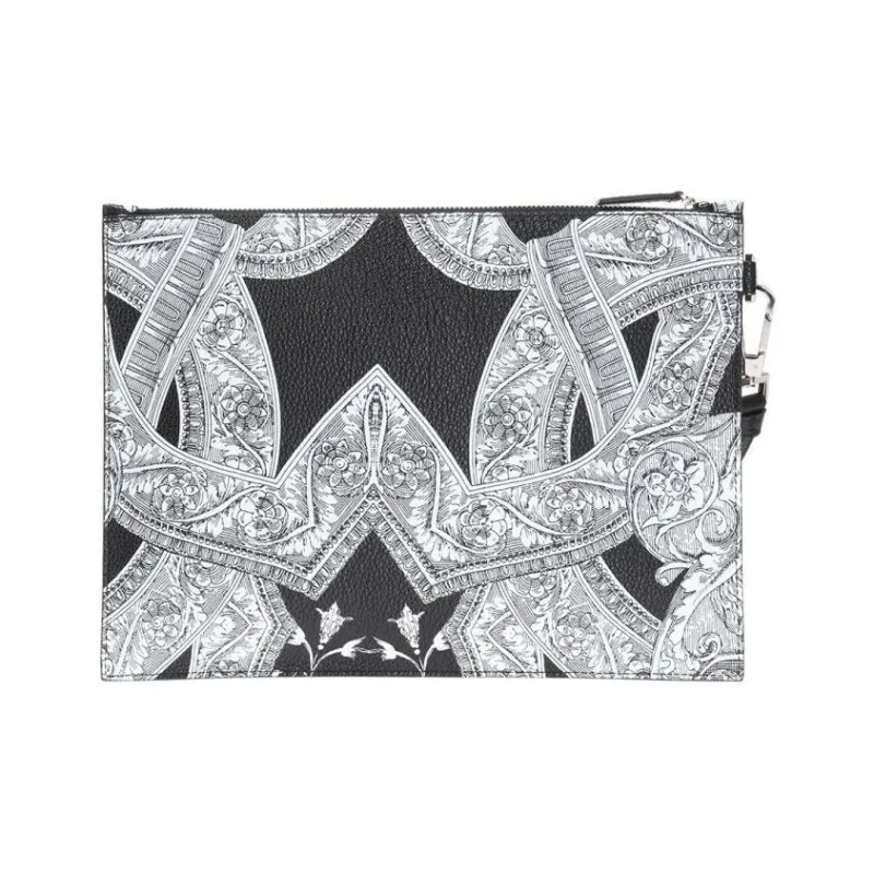 VERSACE Genuine Leather Clutch Men's Black & White-2
