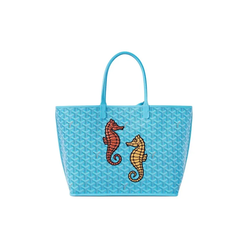GOYARD Anjou Canvas With Leather Combo Bag Tote Shoulder Bags Handbags Small Size Women's Turquoise Blue-1