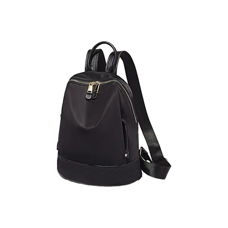 Marino Orlandi Fabric With Leather Patchwork Nylon Fabric Backpack Medium Size Women's Black/Khaki/Apricot-2