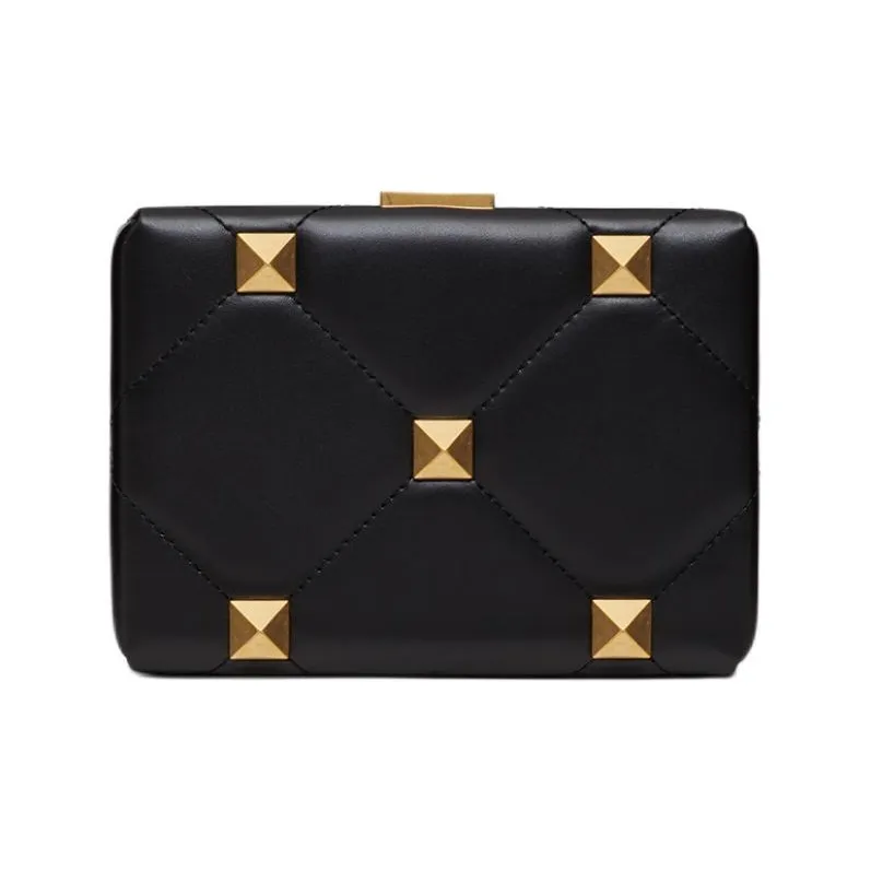 Valentino Roman Stud Nappa Sheep Leather Evening Party Bag Shoulder Bag Crossbody Bag Women's Black-0