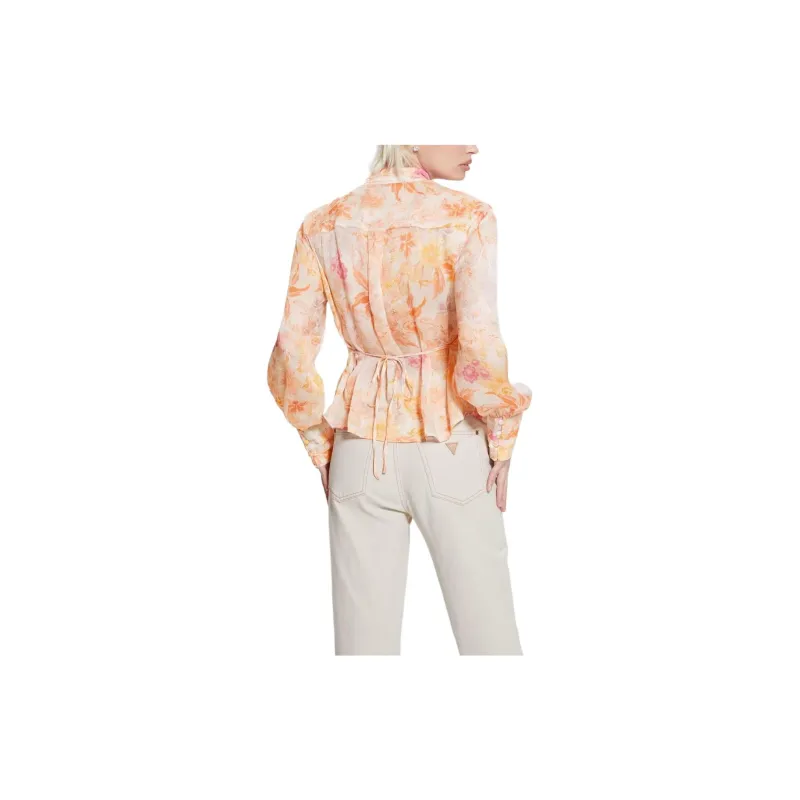 GUESS Chiffon Long Sleeve Top Shirt Women's Orange Red-1
