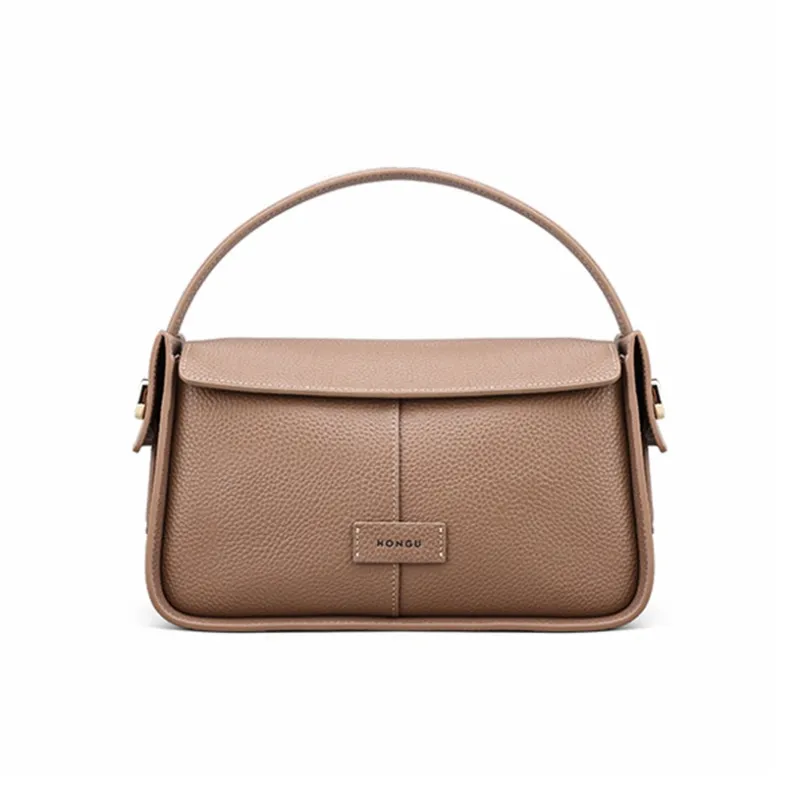 HONGU Cow Leather One Shoulder Handbag Trumpets Women's Khaki/Brown/Pitch Black-0