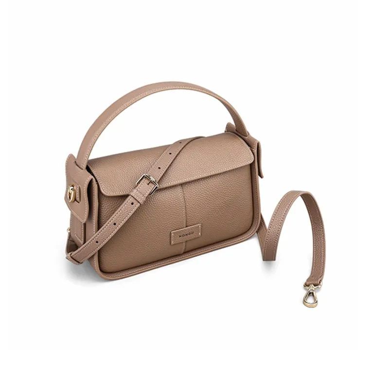 HONGU Cow Leather One Shoulder Handbag Trumpets Women's Khaki/Brown/Pitch Black-1