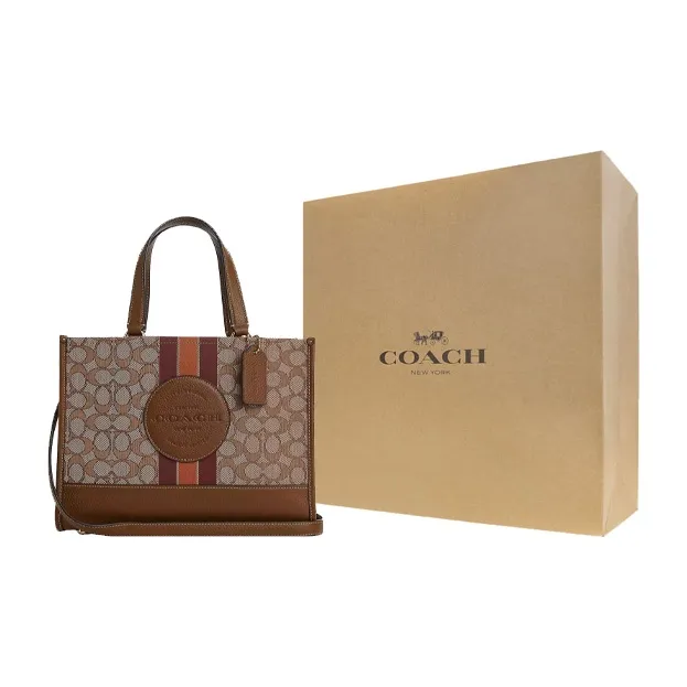 COACH Dempsey Fabric Cow Leather Patchwork One Shoulder Handbags Large Size Women's Khaki & Saddle Brown-6