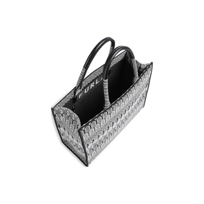 Furla Opportunity Cotton With Polyester Tote Bag Shopping Bag Handbag Large Size Women's Gray & Black-3