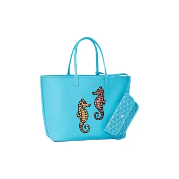 GOYARD Anjou Canvas With Leather Combo Bag Tote Shoulder Bags Handbags Small Size Women's Turquoise Blue