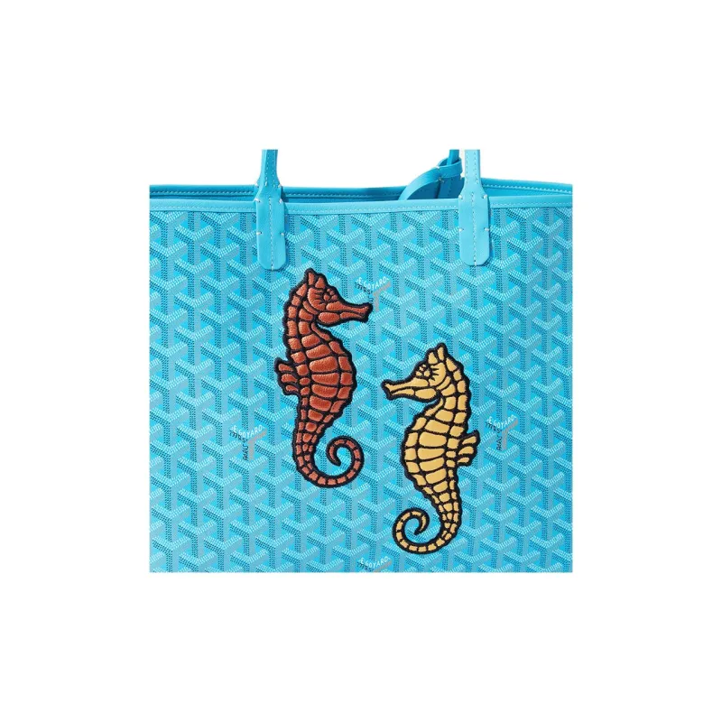 GOYARD Anjou Canvas With Leather Combo Bag Tote Shoulder Bags Handbags Small Size Women's Turquoise Blue-3
