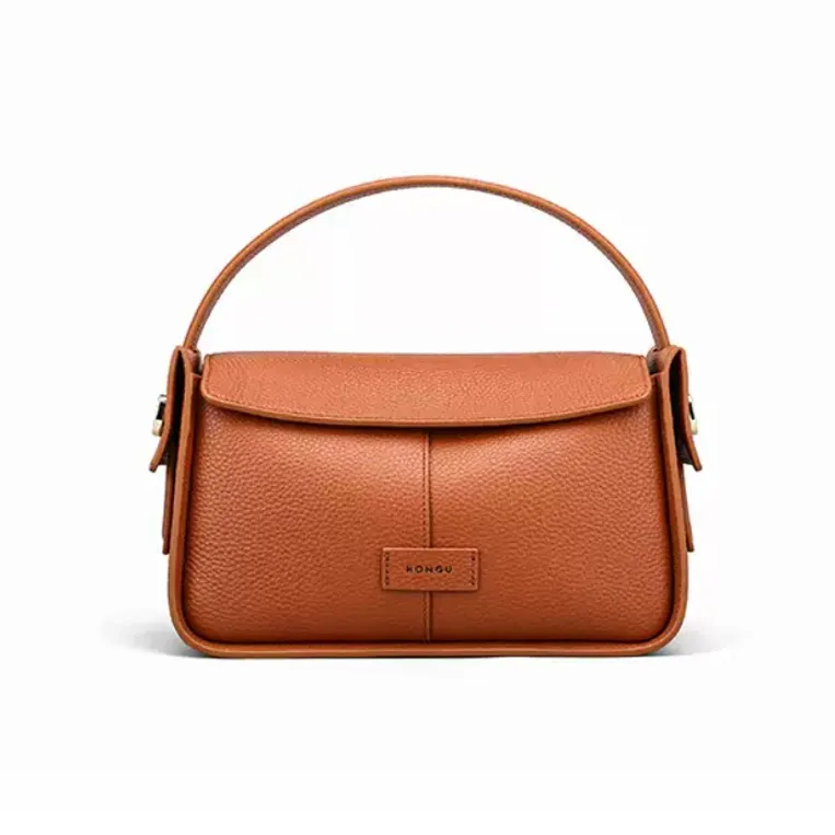 HONGU Cow Leather One Shoulder Handbag Trumpets Women's Khaki/Brown/Pitch Black-4