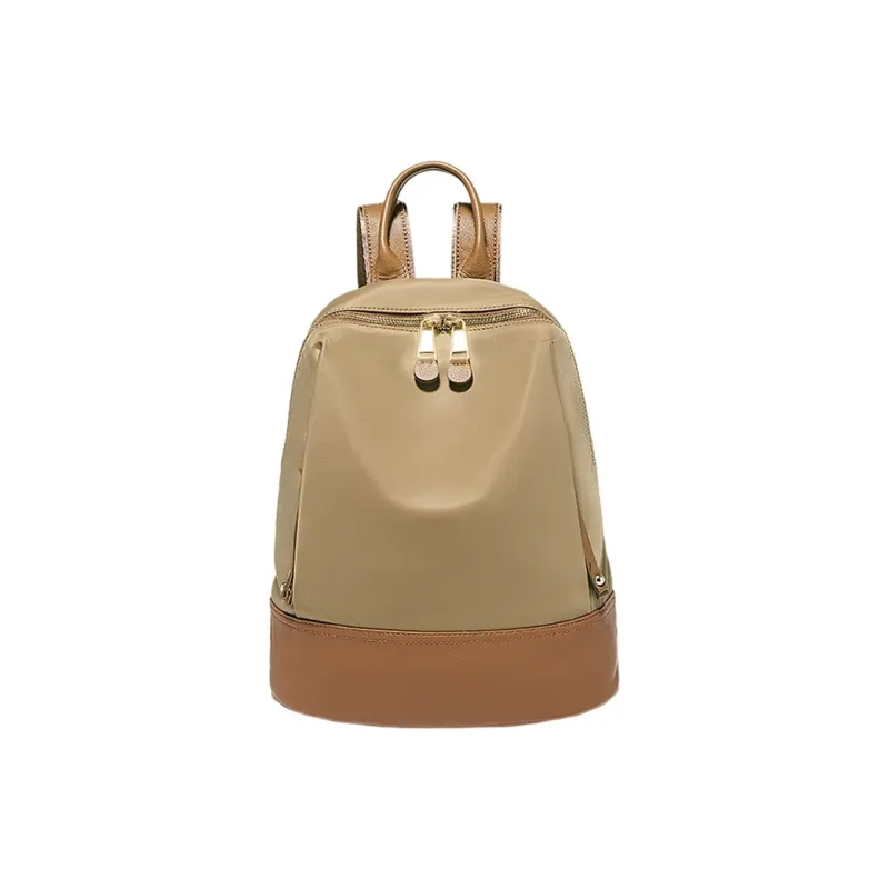 Marino Orlandi Fabric With Leather Patchwork Nylon Fabric Backpack Medium Size Women's Black/Khaki/Apricot-8
