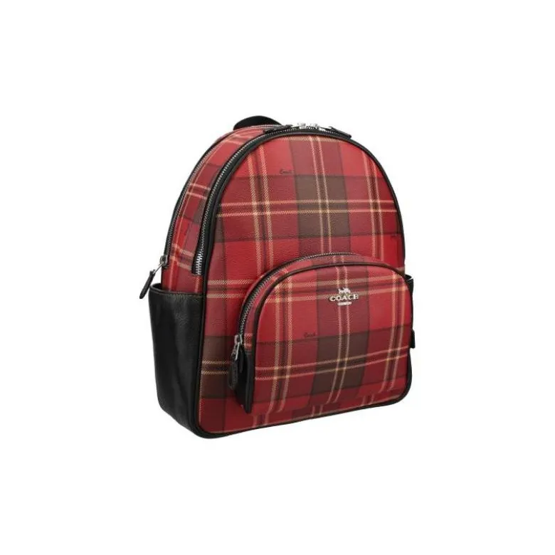 COACH Court Printed Coated Canvas With Refined Pebbled Leather Backpack Large Size Women's Red & Black-4