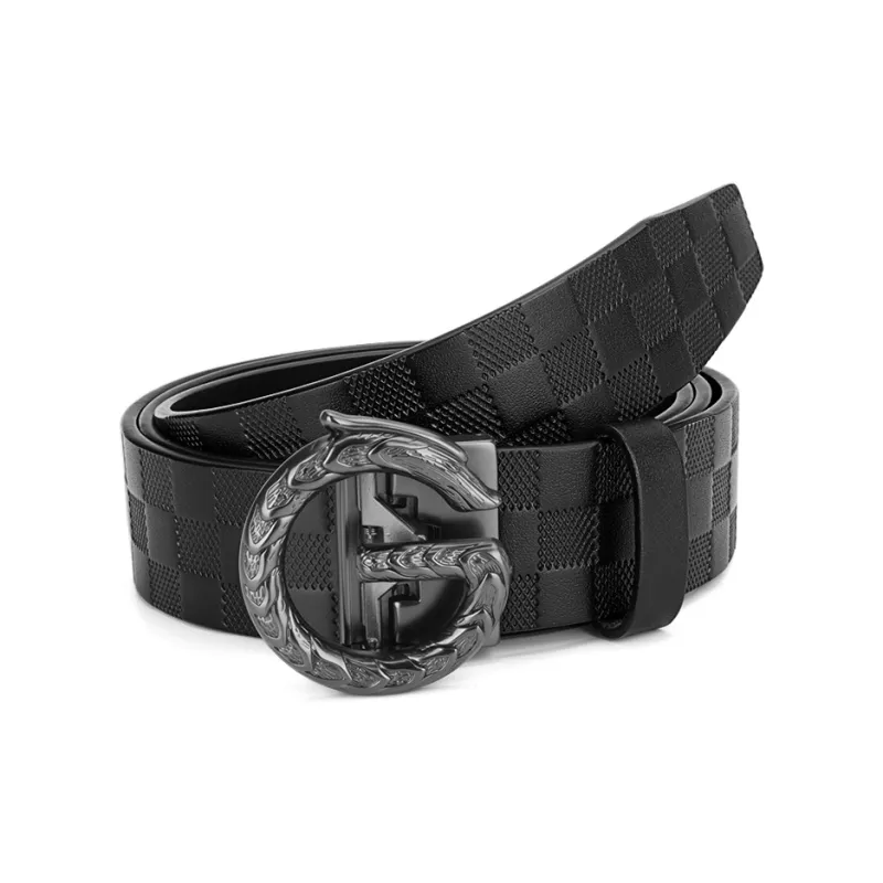 Cows Reign G Dragon Head Automatic Buckle Plaid Genuine Leather Belt Top Grain Cow Leather Business Leather Belts Men's-0