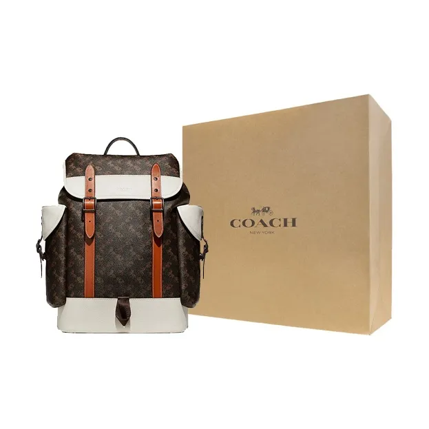 COACH Hitch Canvas With Leather Backpack Large Size Men's White & Dark Brown-6