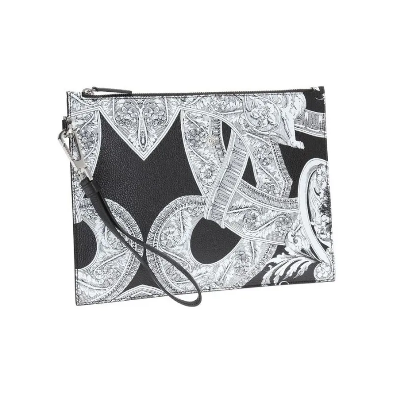 VERSACE Genuine Leather Clutch Men's Black & White-1