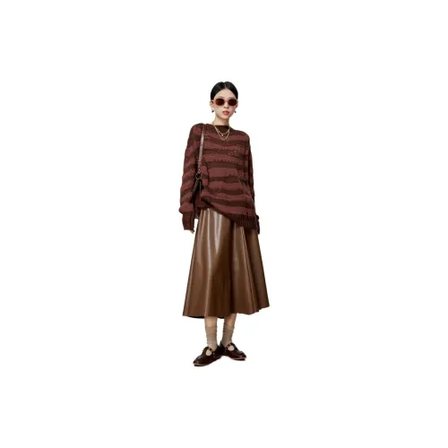 Weekly Two Piece Skirt Sets Women's Set Brown Tops+Coffee Midi Skirt