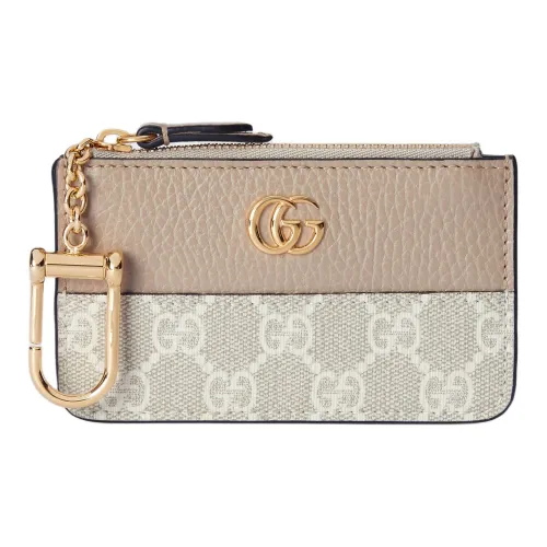 GUCCI GG Marmont Leather Trim Card Holder Women's Beige & White