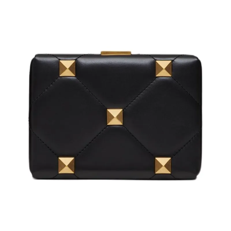 Valentino Roman Stud Nappa Sheep Leather Evening Party Bag Shoulder Bag Crossbody Bag Women's Black-2