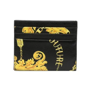 VERSACE JEANS COUTURE Leather Card Holder Wallet Men's Black Gold