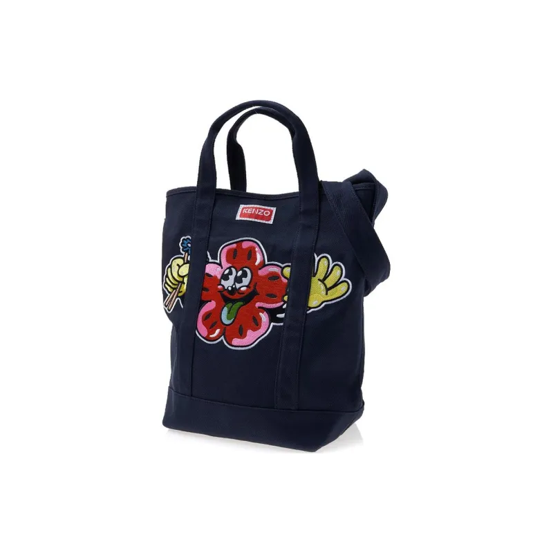 KENZO Cotton Canvas Tote Bag Shopping Bag Canvas Bag One Shoulder Handbag Men's Marine Blue-4