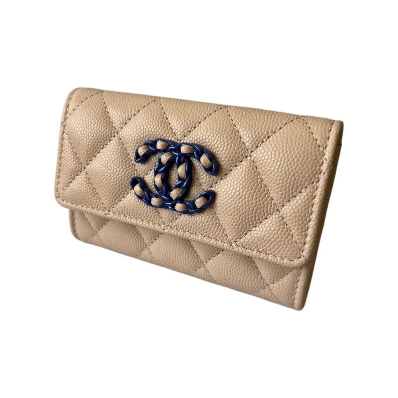CHANEL Grain Litchi Grain Cow Leather Card Holder Clutch Wallet Women's Nude Pink-1