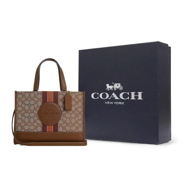 COACH Dempsey Fabric Cow Leather Patchwork One Shoulder Handbags Large Size Women's Khaki & Saddle Brown-8