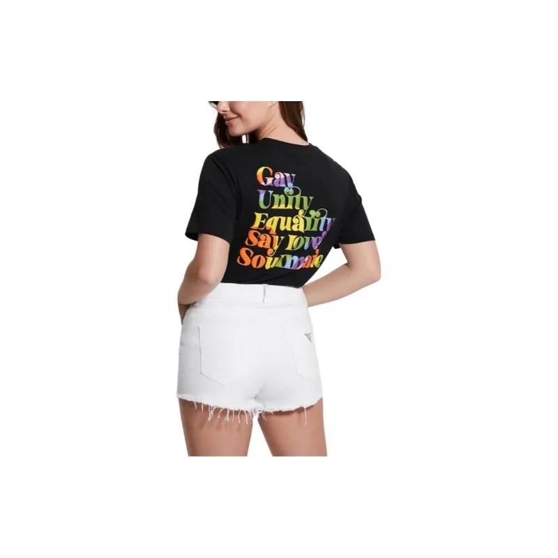 GUESS Rainbow Text Graphics At Front And Back T-Shirt Women's Black-1