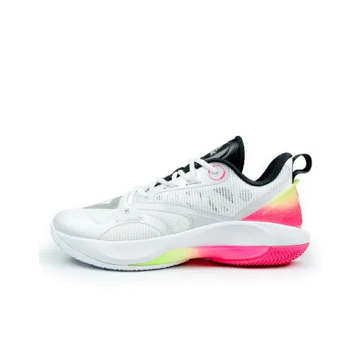 PEAK Basketball Shoes Men Low-Top All White/Fluorescent Rose Red