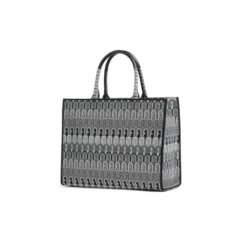 Furla Opportunity Cotton With Polyester Tote Bag Shopping Bag Handbag Large Size Women's Gray & Black-1