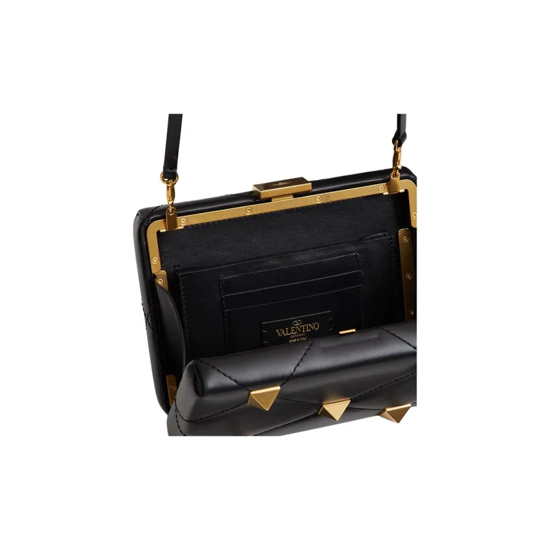 Valentino Roman Stud Nappa Sheep Leather Evening Party Bag Shoulder Bag Crossbody Bag Women's Black-3