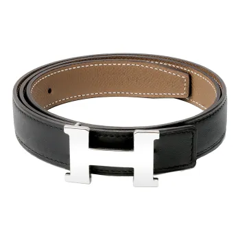 HERMES Constance Calfskin Leather Belts Women's Black/Elephant Gray Width  2.4cm