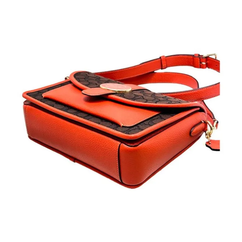 COACH Lonnie Fabric With Cow Leather Small Square Bag Shoulder Bag Crossbody Bag Medium Size Women's Brown & Orange Red-3