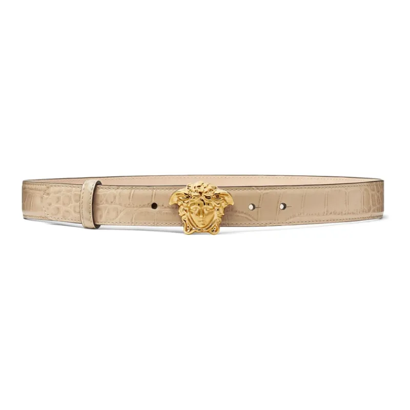 VERSACE Crocodile Pattern Embossed Design Smooth Buckle Leather Belts Women's Brown Width: 3CM-0