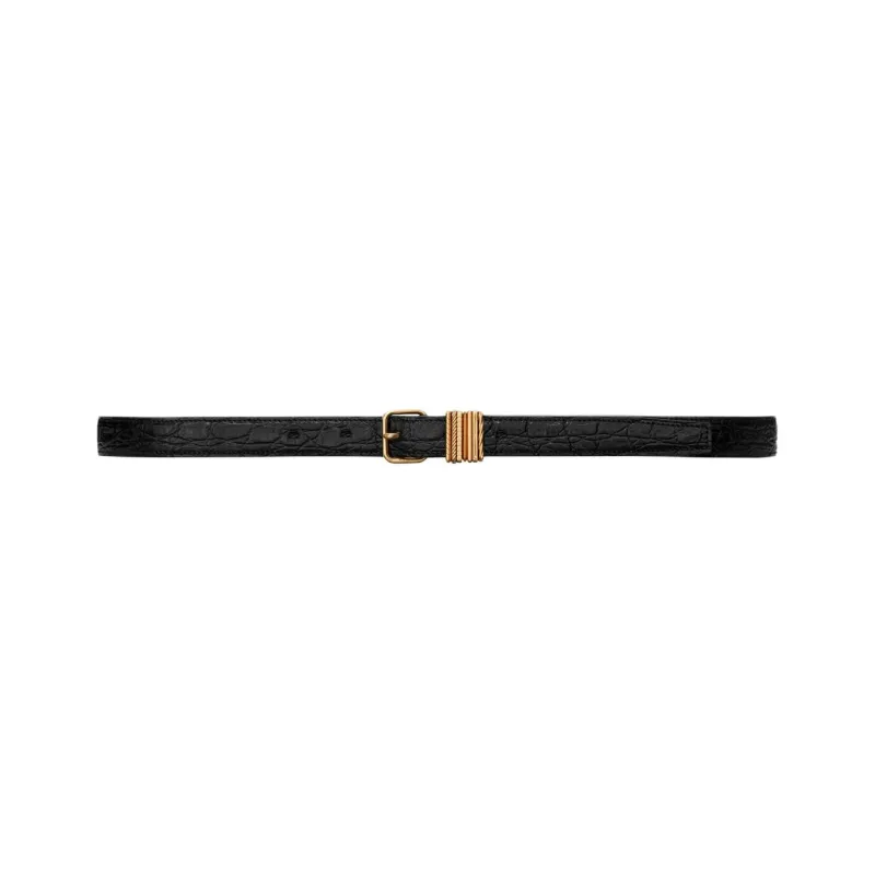 SAINT LAURENT Crocodile Pattern Embossed Pin Buckle Leather Belts Women's Black-0