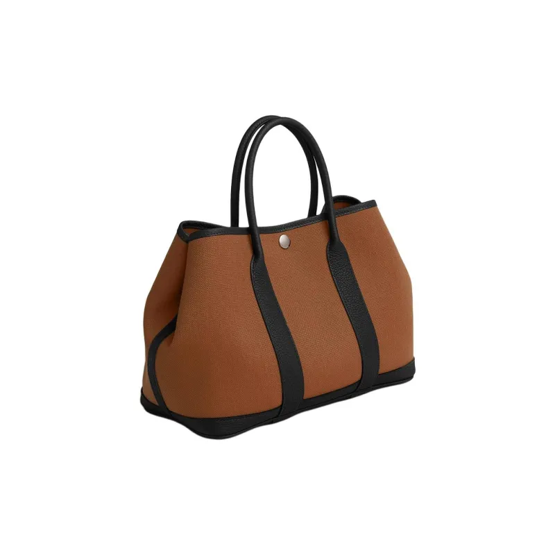HERMES Garden Party Canvas With Negonda Calfskin Garden Bag Handbag Women's 34 Fauve Light Tawny & 89 Noir Black-1