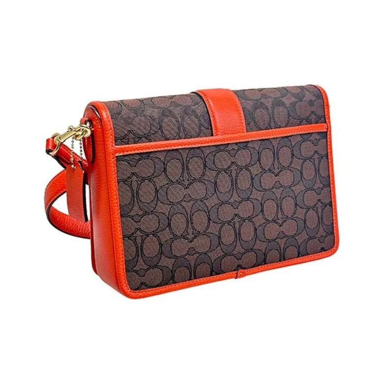 COACH Lonnie Fabric With Cow Leather Small Square Bag Shoulder Bag Crossbody Bag Medium Size Women's Brown & Orange Red-4