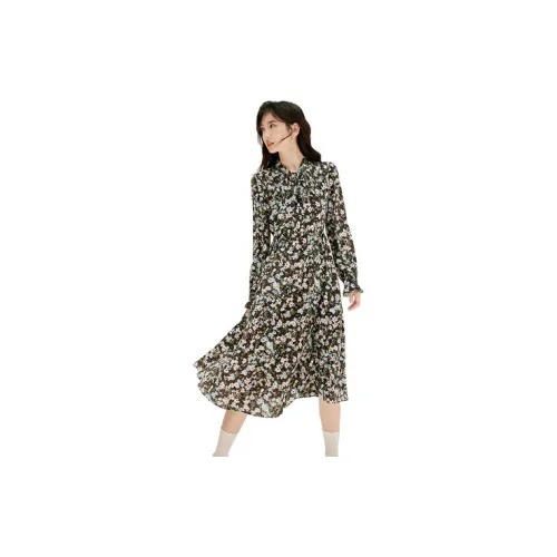 Hopeshow Long-Sleeved Dresses Women's Coffee Floral