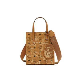 MCM × BAPE AREN CNY Collaboration Leather Tote Bag, Shopping Bag, Shoulder Bag, Handbag Mini Unisex Cognac