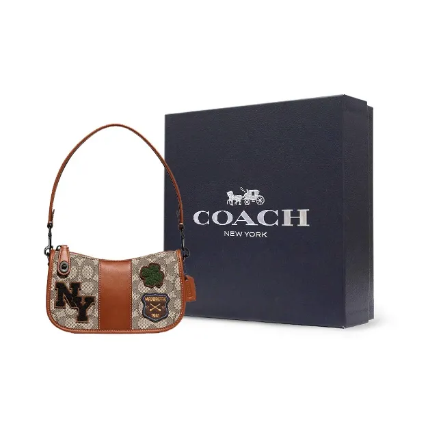 COACH Swinger Jacquard Fabric With Gloves Tanned Leather Handbag Shoulder Bag Women's Amber-6